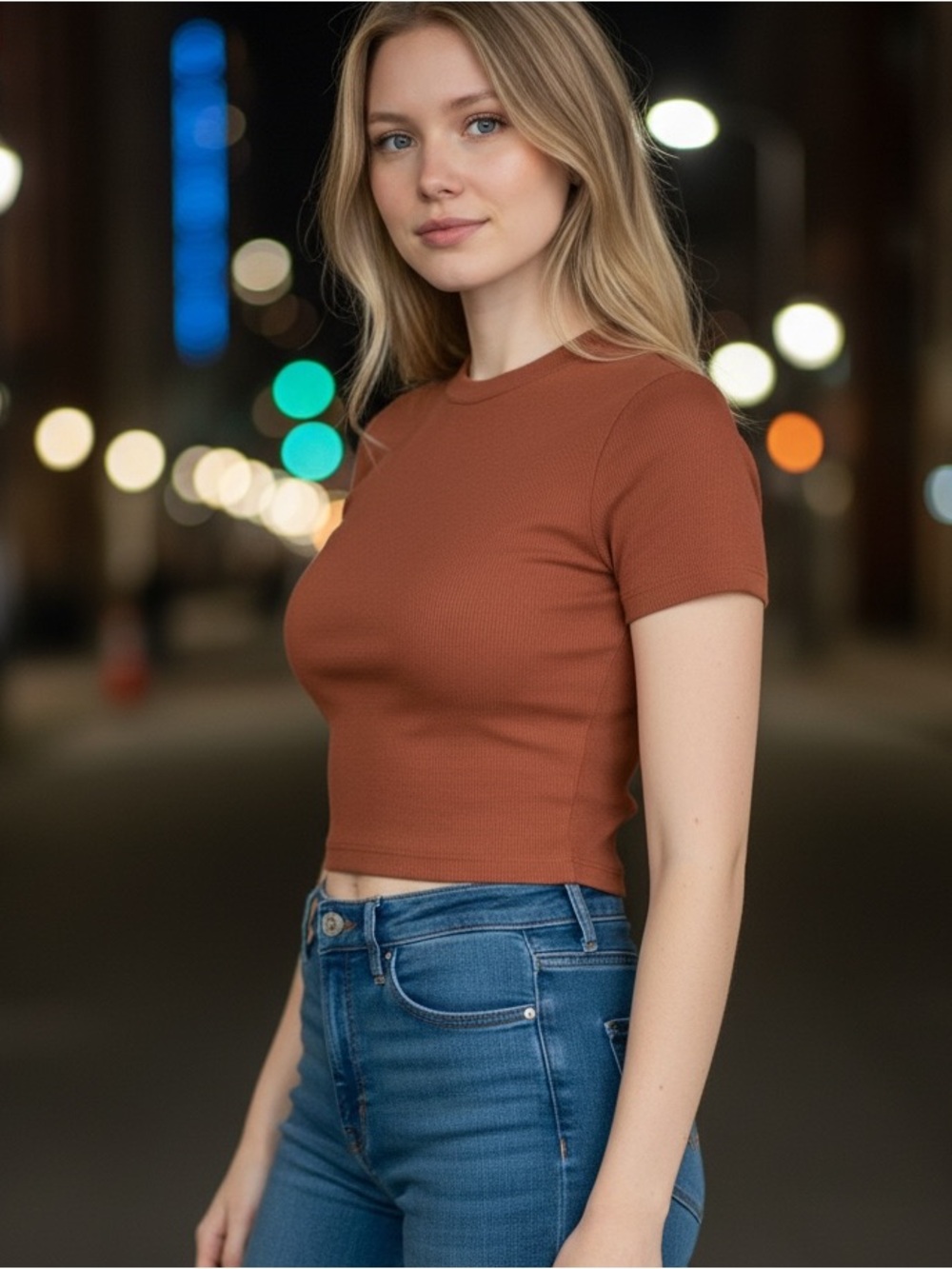Urban Rebel Rust Brown Nylon Cropped Crewneck Tee